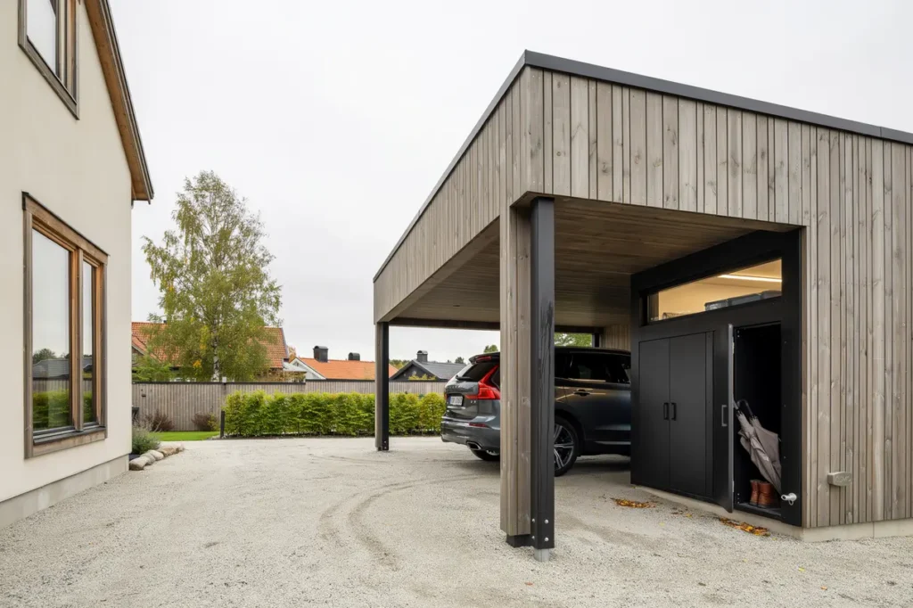 platsbyggd carport med f rr d vid villa i smo